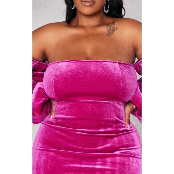 Pretty Little Thing Fuchsia Pink Velvet Puff Sleeve Bodycon Mini Dress XL 14 - Picture 3 of 7